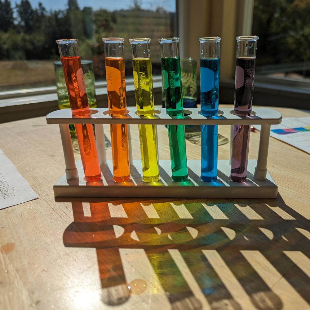 Test tubes of colored water arranged in a rainbow