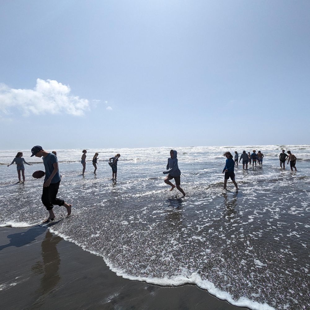 Students wading into the waves at the beach
